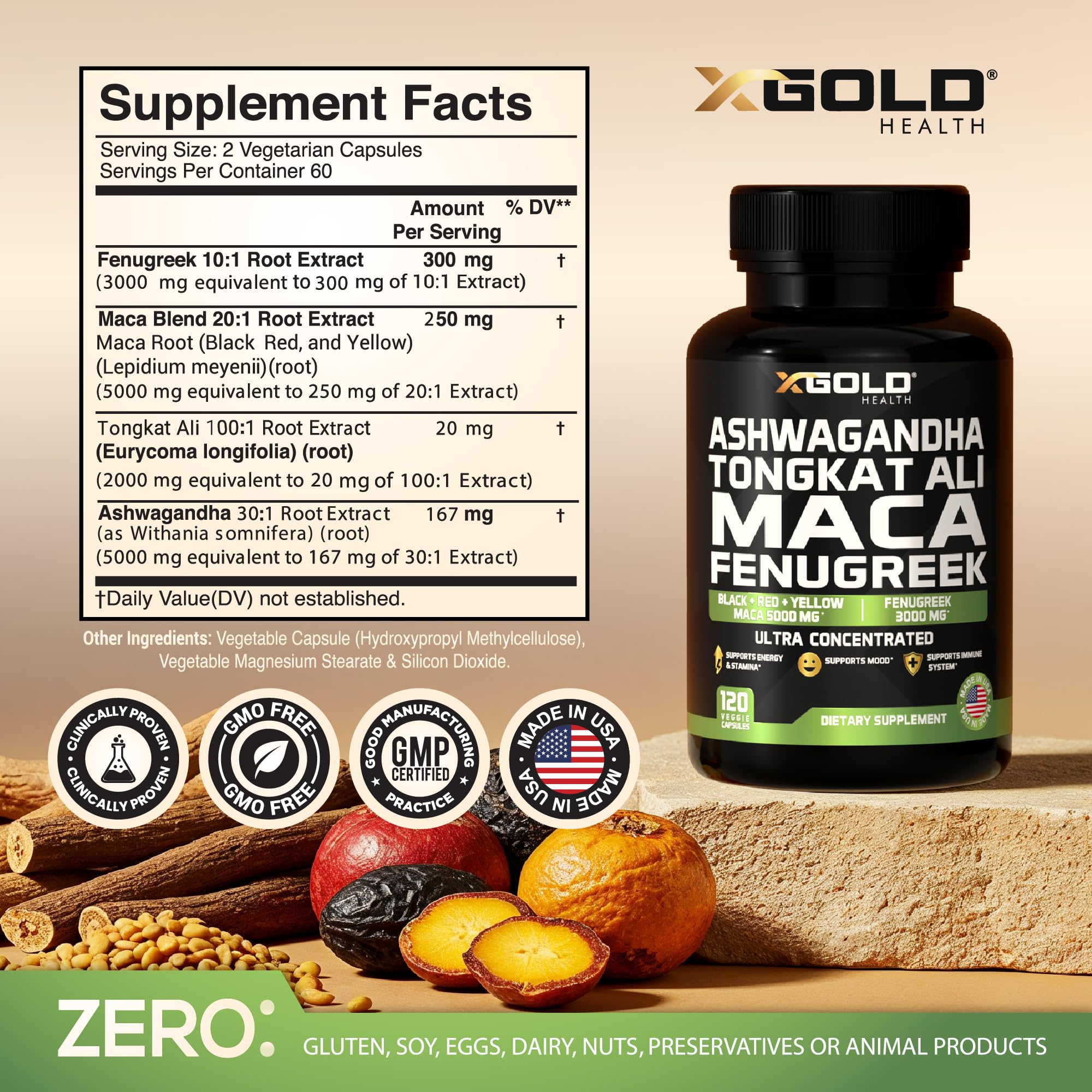 X Gold Health capsules on white background for easy daily use.