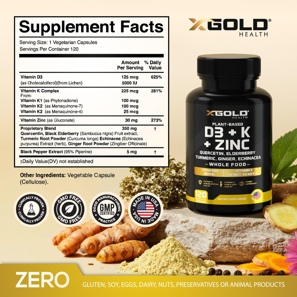 X Gold Health D3/K2/Zinc capsules close-up for daily immune support.