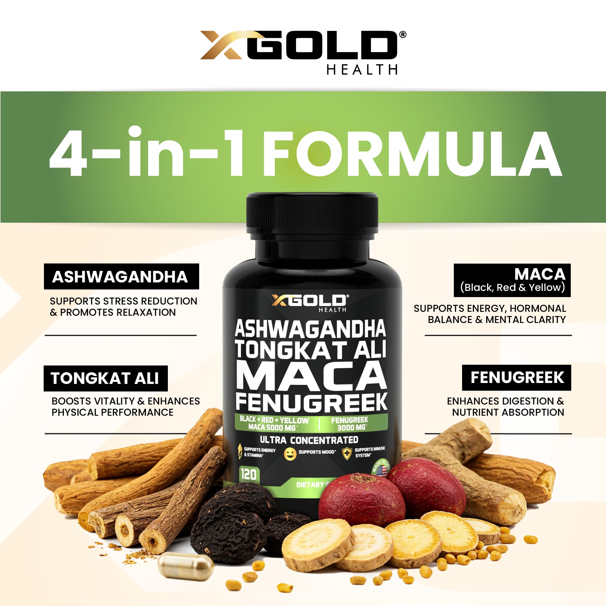 X Gold Health herbal blend label highlights concentrated extracts for potency.