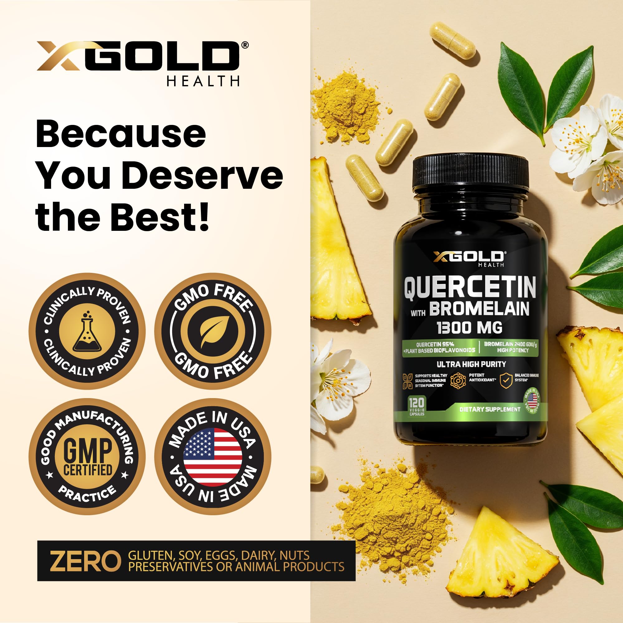 X Gold Health 95% purity quercetin visual highlights potency.