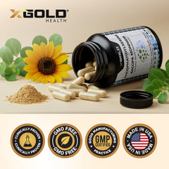 X Gold Health bottle label close-up highlighting non-GMO and gluten-free claims