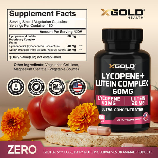 X Gold Health Lycopene + Lutein capsules close-up for easy daily intake.
