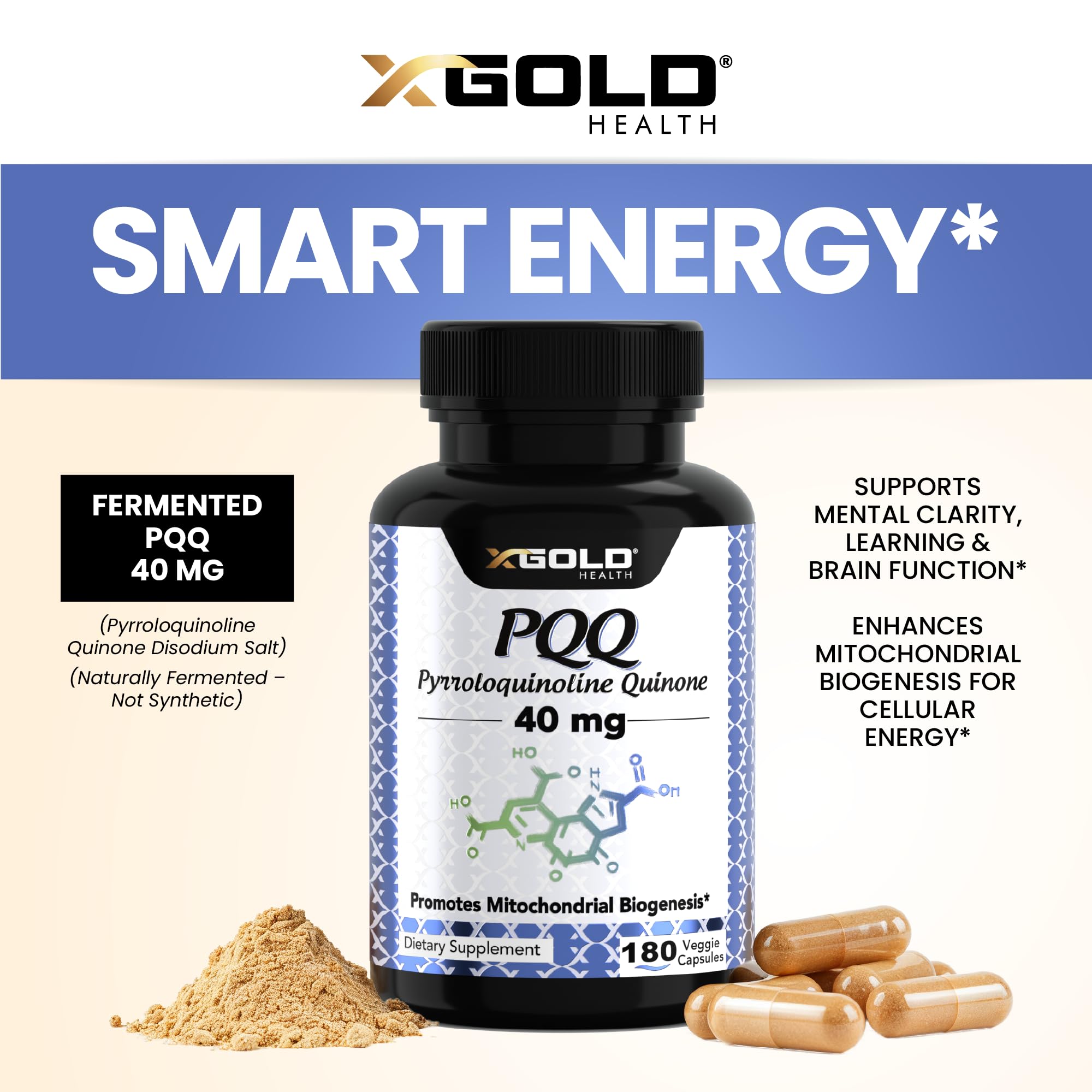 X Gold Health Mito Energy capsules close-up showing easy-to-swallow vegetarian capsules.