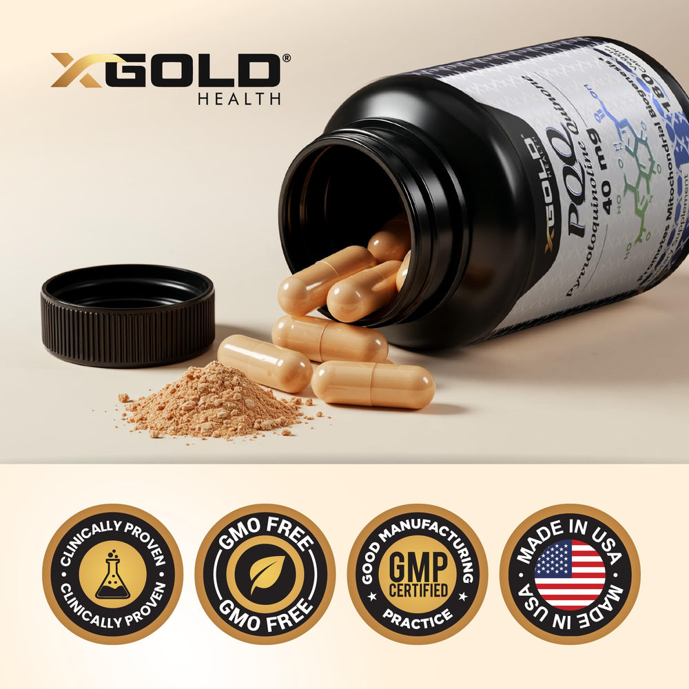 X Gold Health Mito Energy fermented PQQ illustration suggesting high absorption formula.