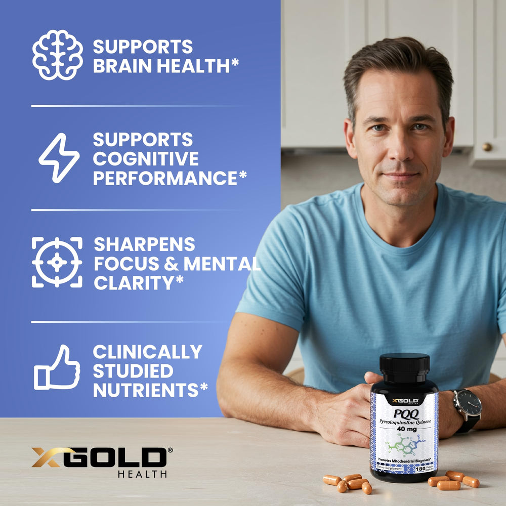 X Gold Health Mito Energy with PQQ highlights mitochondrial support and energy-boosting potential.