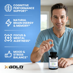 X Gold Health nootropic blend graphic illustrating 2-in-1 formulation