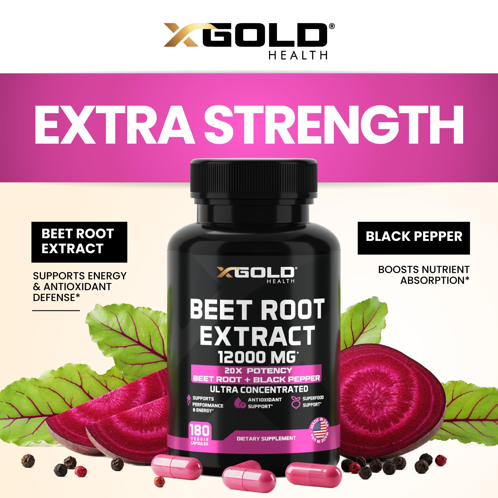 Packaging image shows X Gold Health beet root capsules ready for everyday wellness