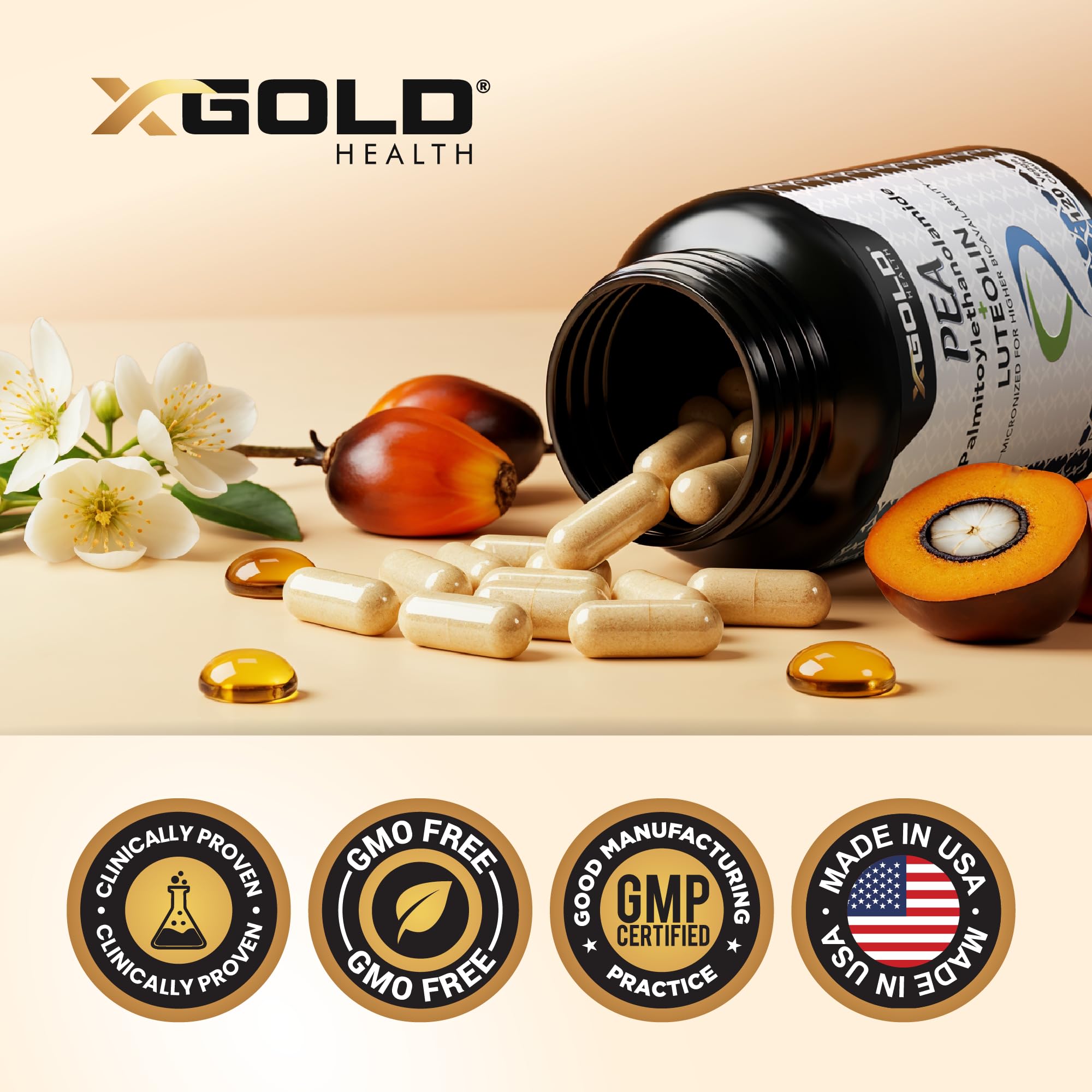 Packing of X Gold Health product emphasizes USA-made manufacturing and quality control.