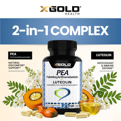 Back label of X Gold Health Palmitoylethanolamide capsules highlighting clean ingredients.