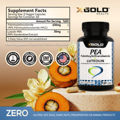 X Gold Health Palmitoylethanolamide capsules front view under bright lighting.