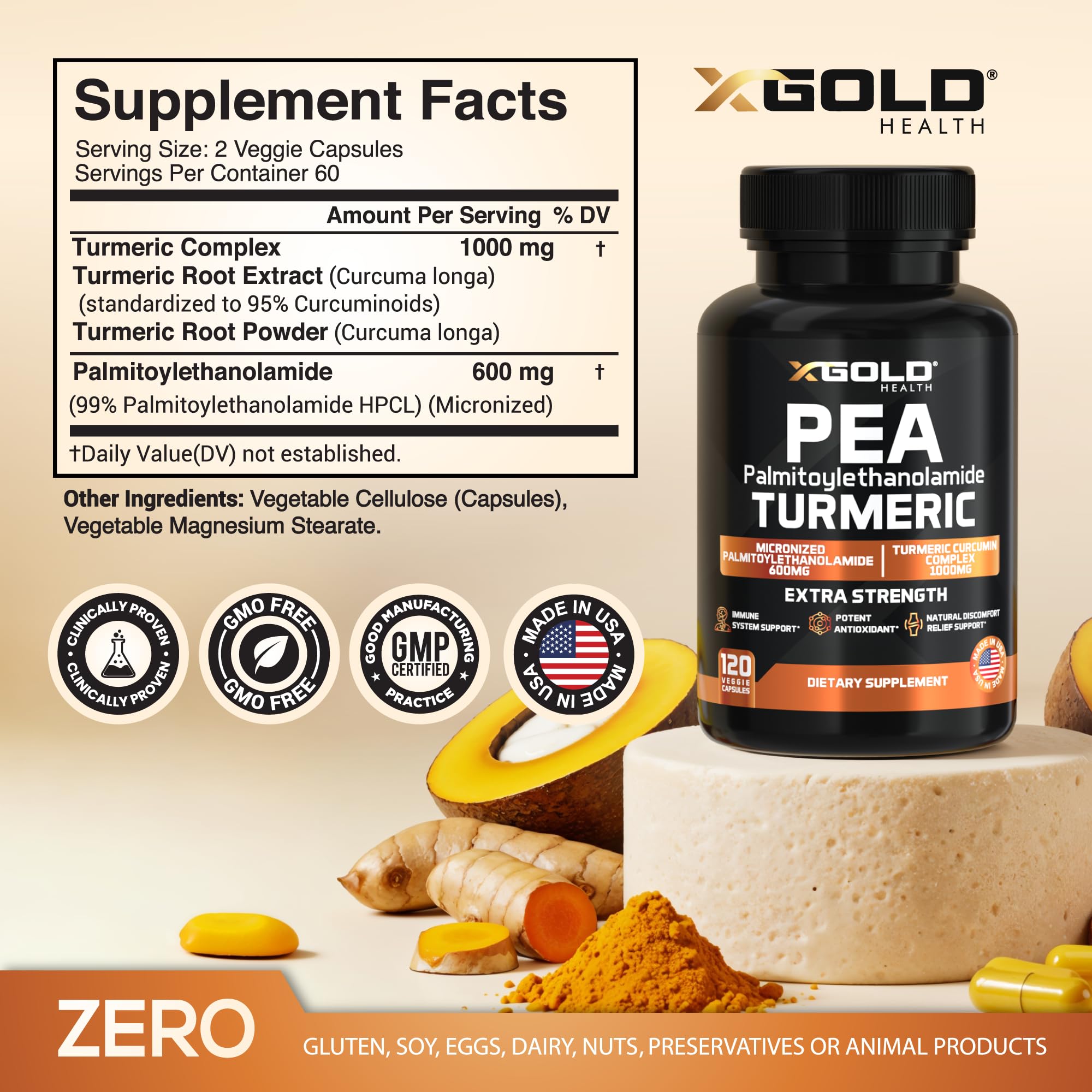X Gold Health PEA bottle label close-up with 99% standard and benefits