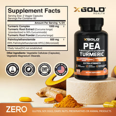 X Gold Health PEA bottle label close-up with 99% standard and benefits