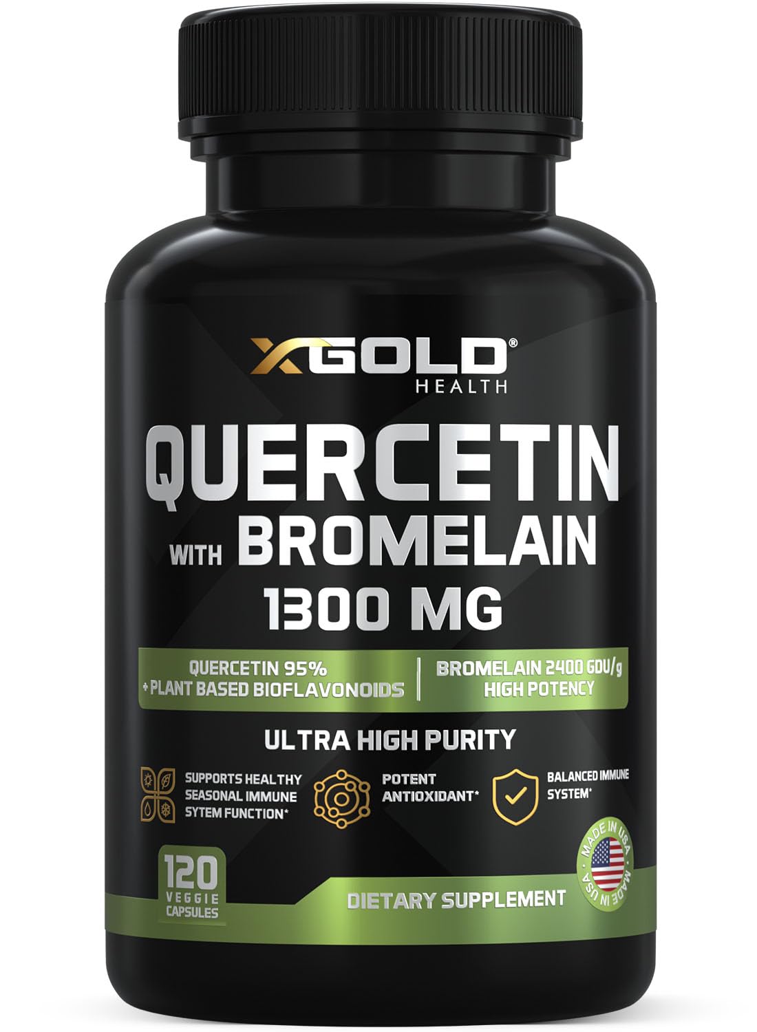 X Gold Health quercetin-bromelain capsules close-up, high-purity quercetin highlighted.