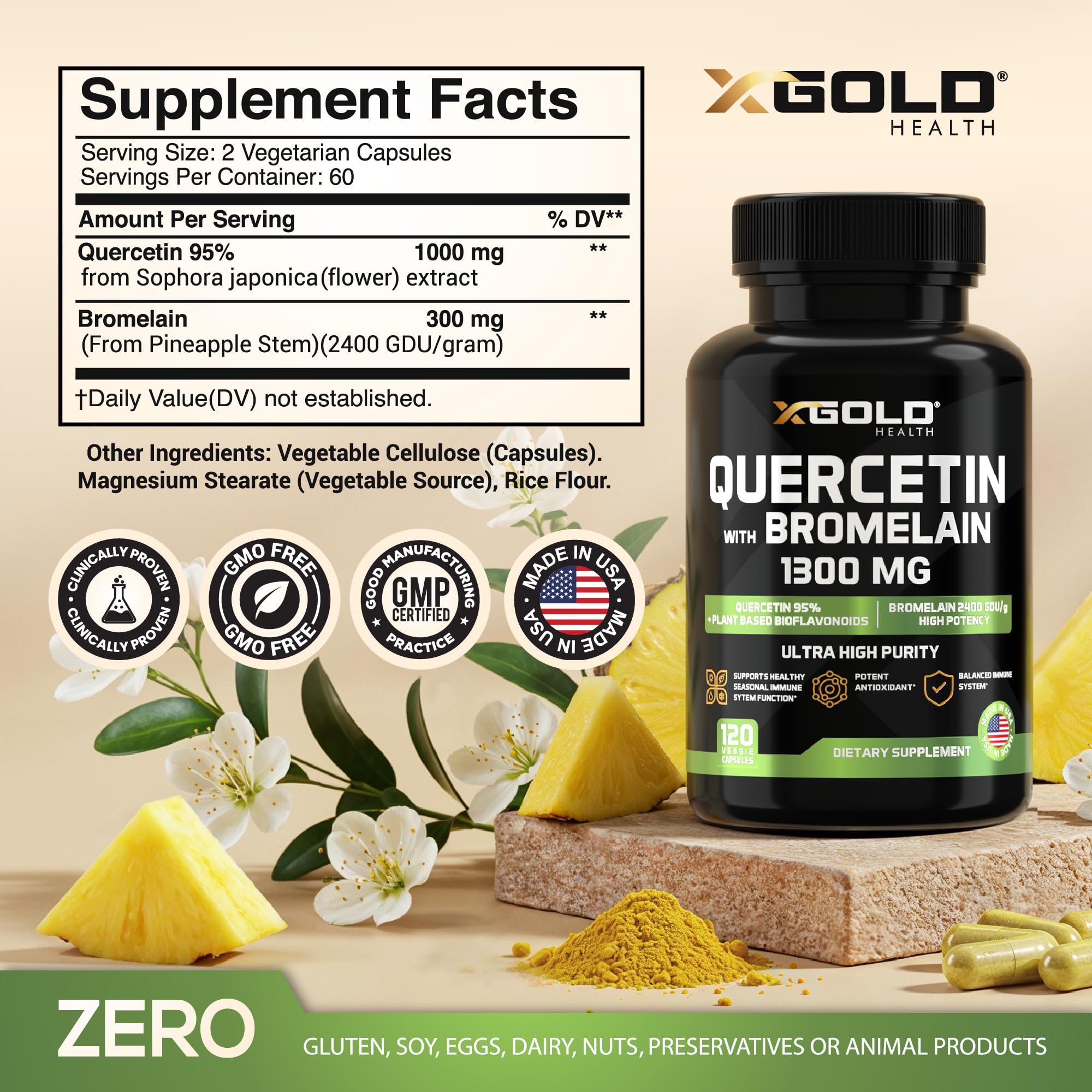 X Gold Health quercetin-bromelain pills on bottle for daily use.