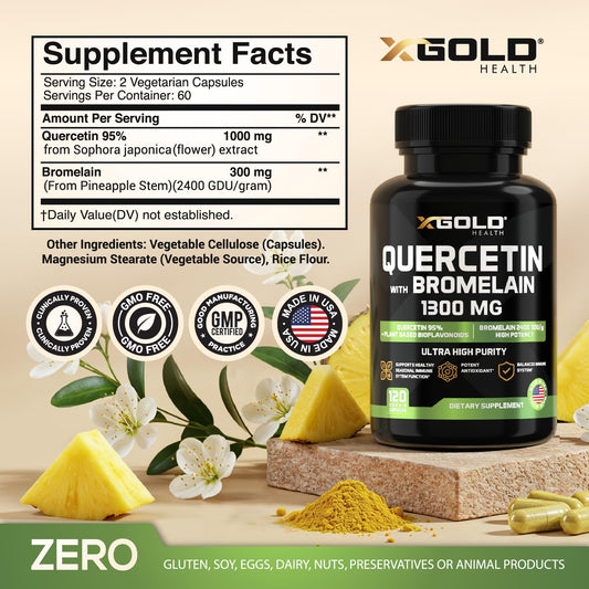 X Gold Health quercetin-bromelain pills on bottle for daily use.