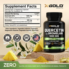 X Gold Health quercetin-bromelain pills on bottle for daily use.