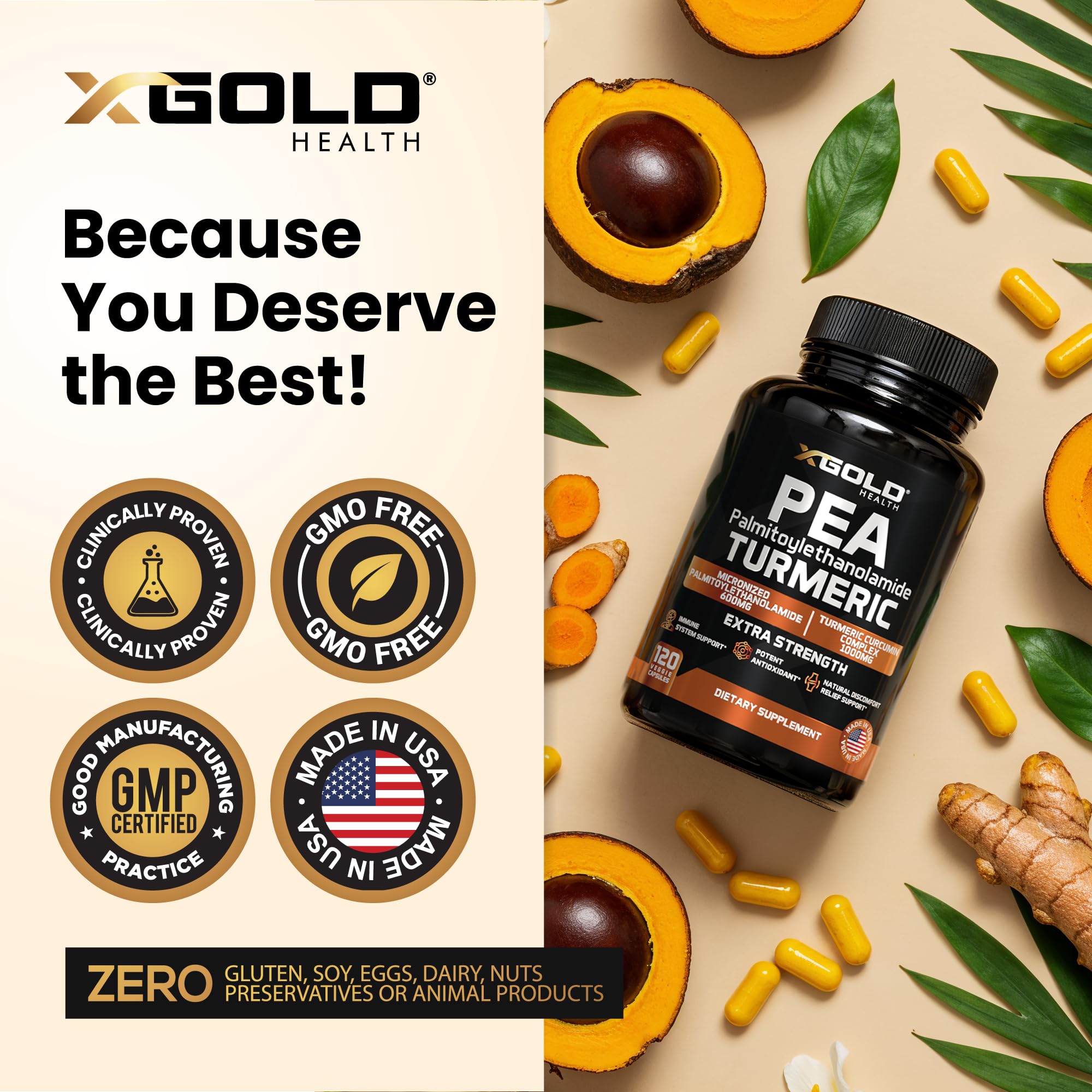 X Gold Health turmeric-curcumin-packaging box highlighting USA-made quality
