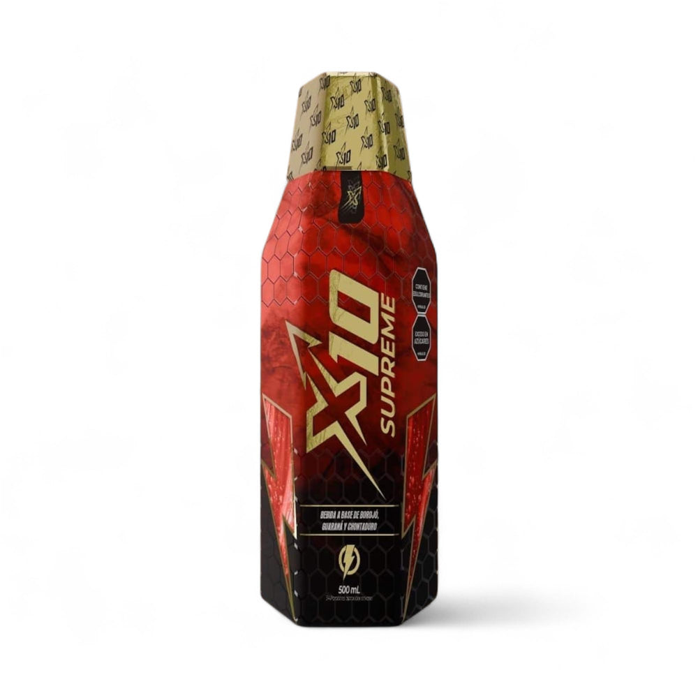 X10 Supreme Liquid 500ml bottle shown for on-the-go energy support.