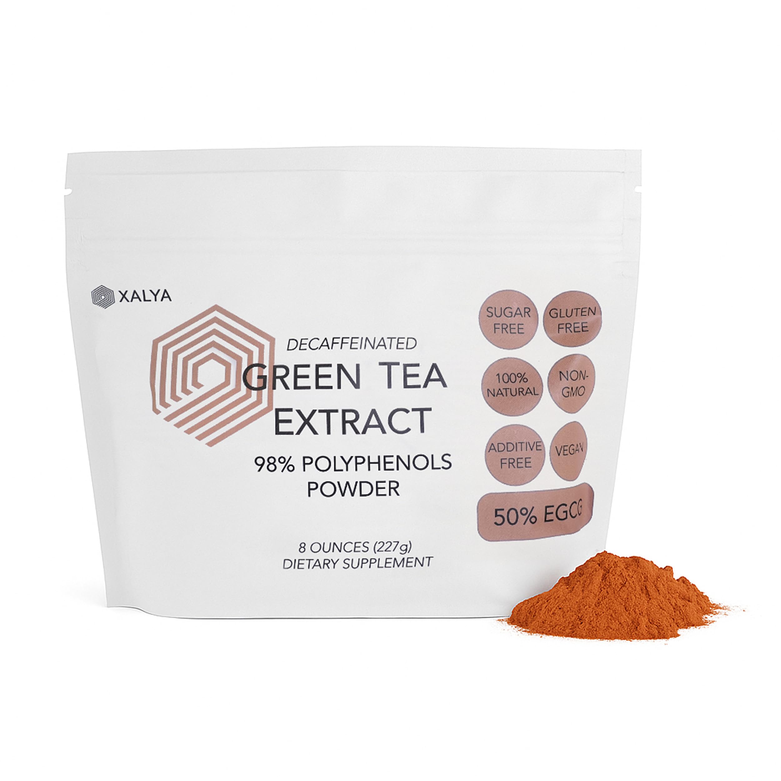 Xalya Green Tea Extract powder bottle pour showing decaffeinated energy support