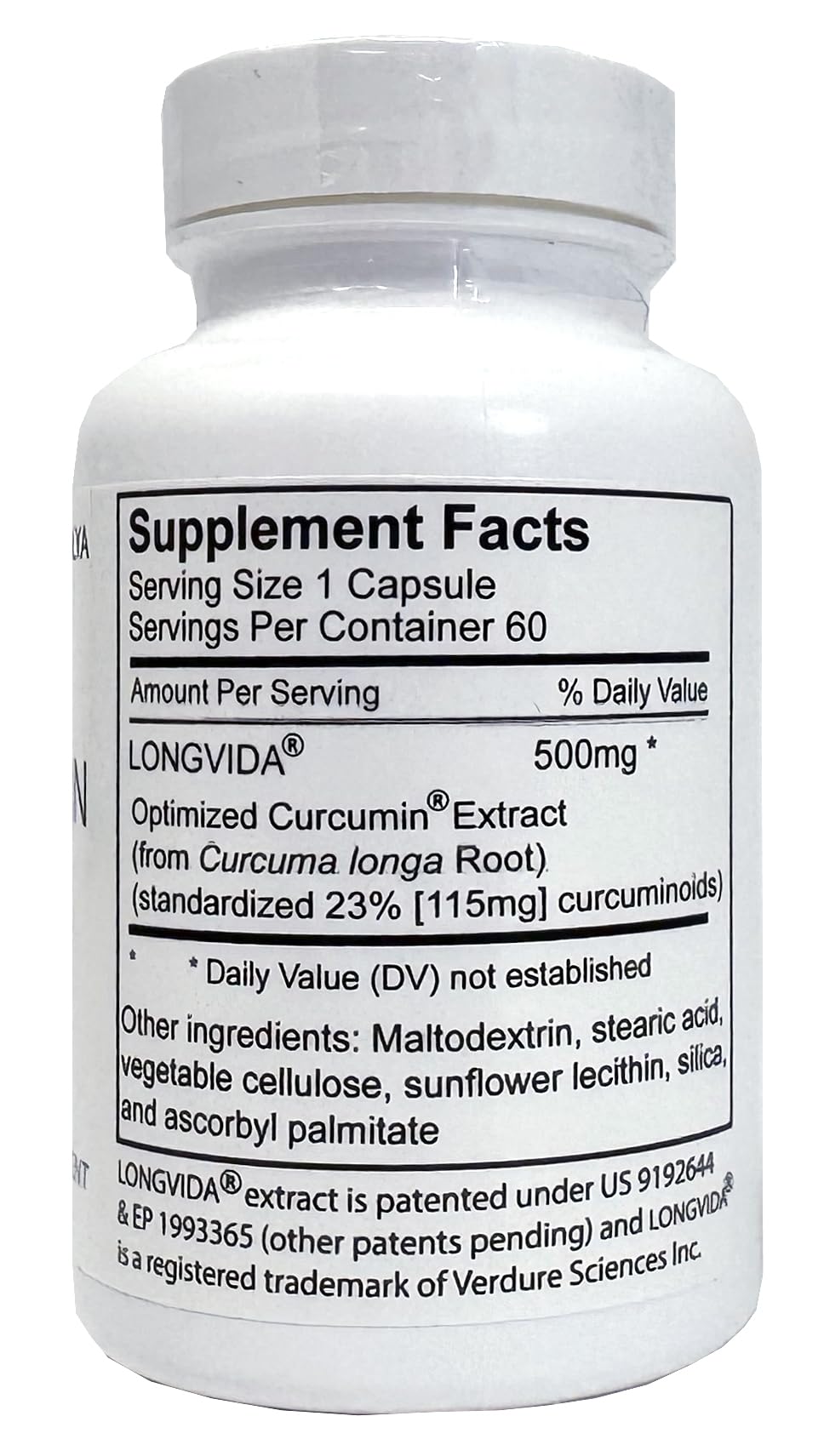 Xalya Longvida Curcumin ingredients show sunflower lecithin for a clean vegan formula.