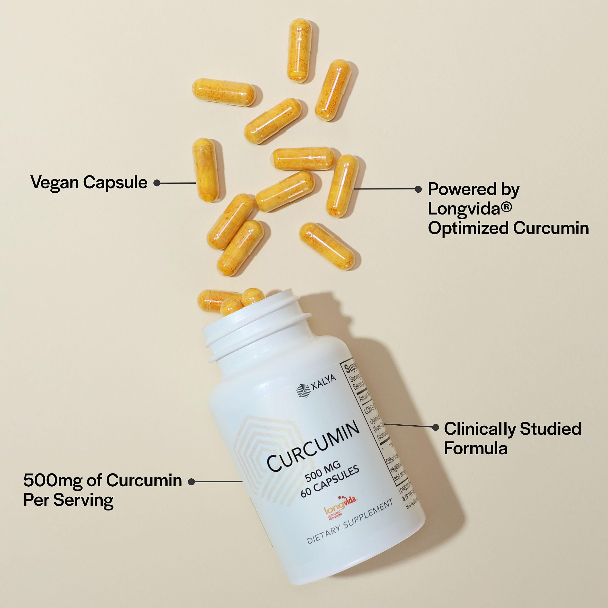 Xalya Longvida Curcumin packaging close-up highlights gluten-free and non-GMO claims.