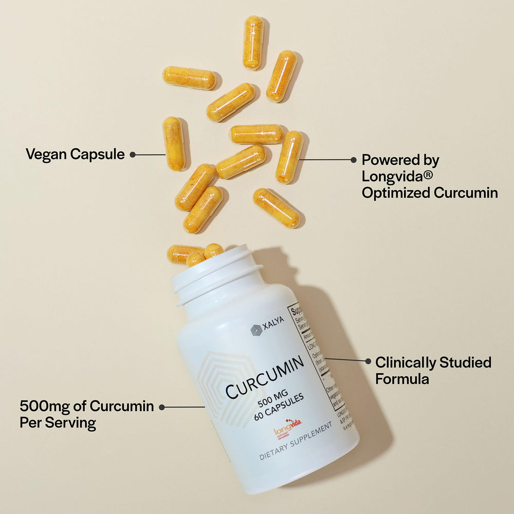 Xalya Longvida Curcumin packaging close-up highlights gluten-free and non-GMO claims.