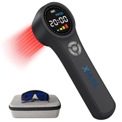 XHUIA handheld red light device in use for at-home relief and relaxation.