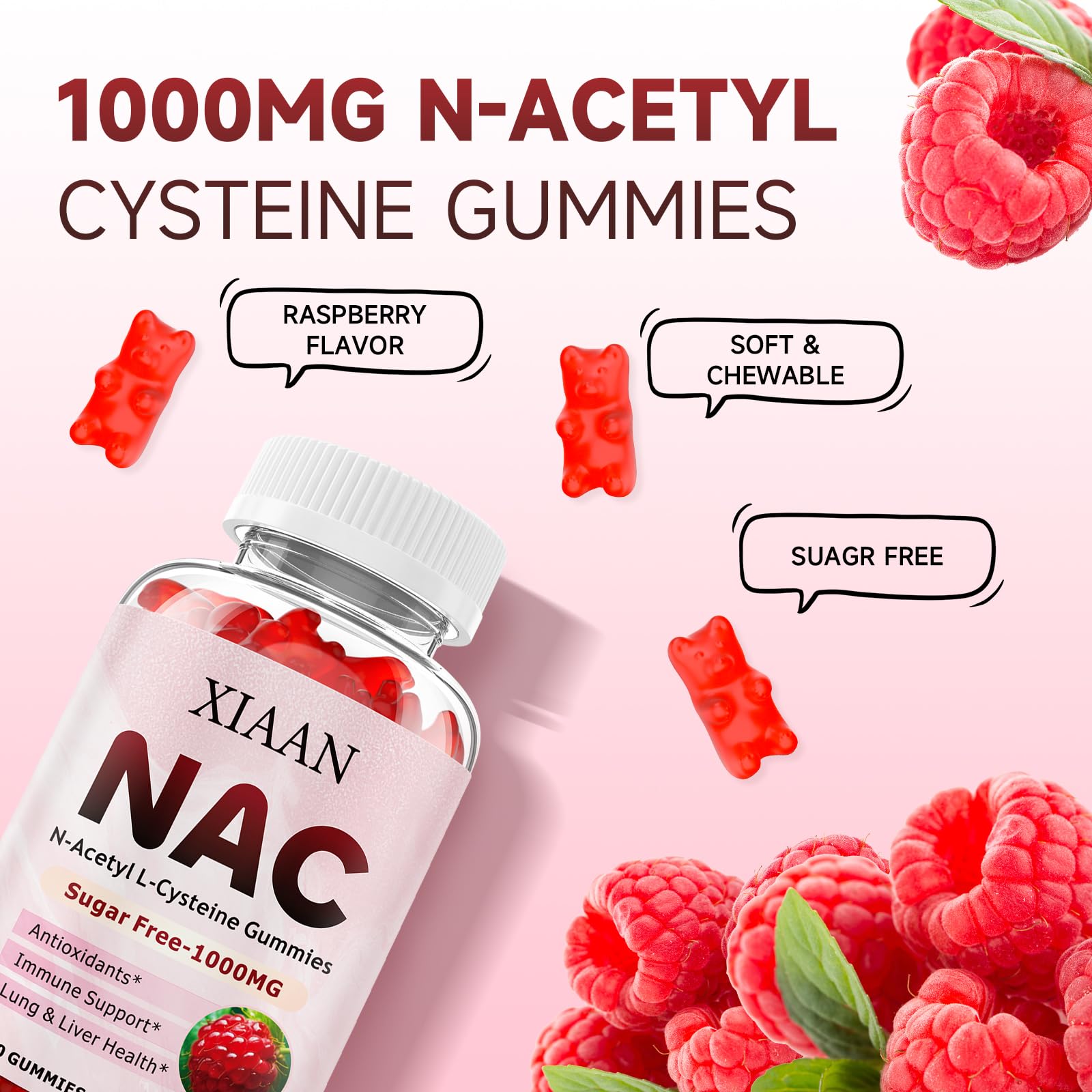 Serving suggestions show kids and adults enjoying raspberry NAC gummies
