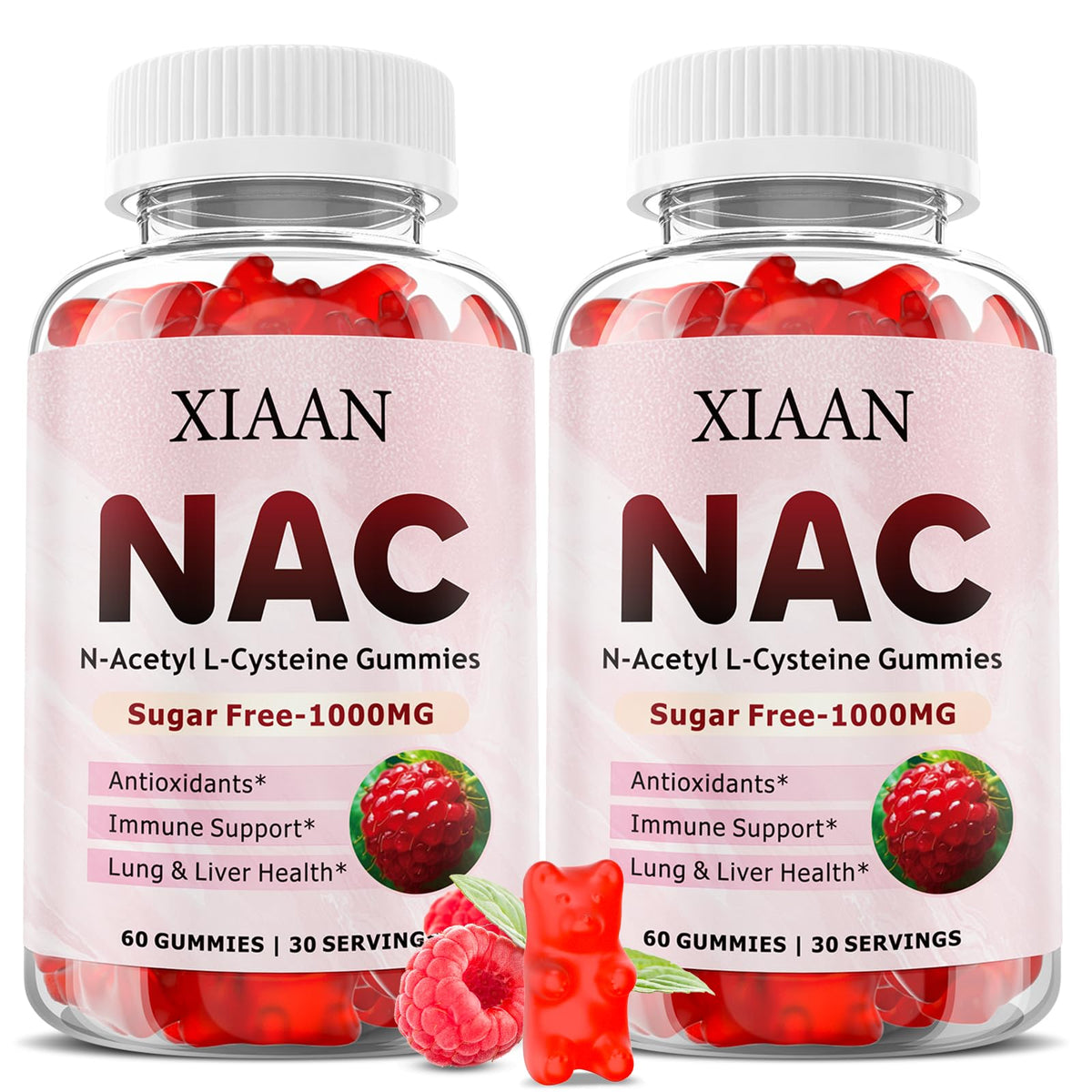 XIAAN NAC gummies raspberry bottle for kids and adults, easy daily supplement
