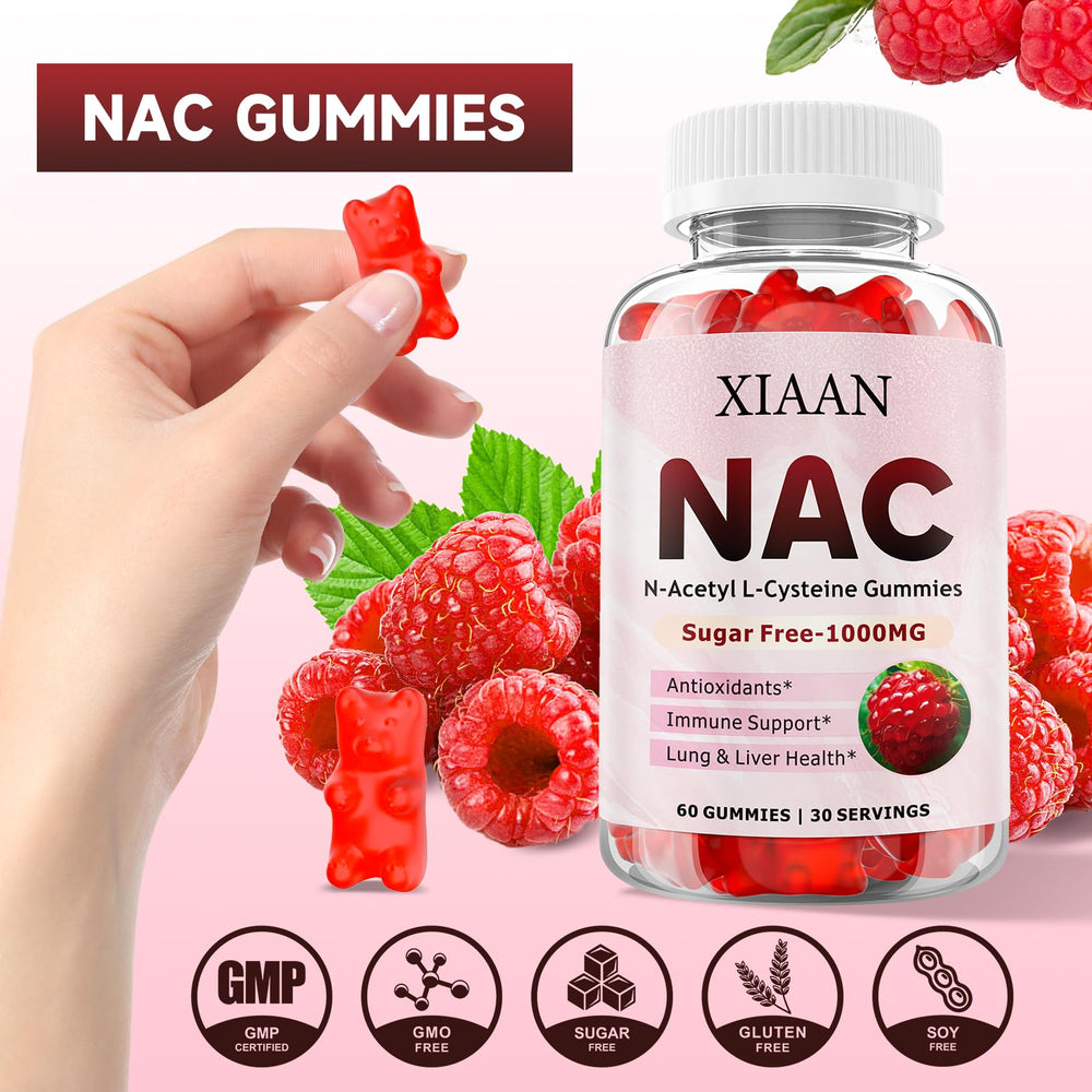 Vegan, gluten-free, sugar-free badge on N-acetyl cysteine gummies