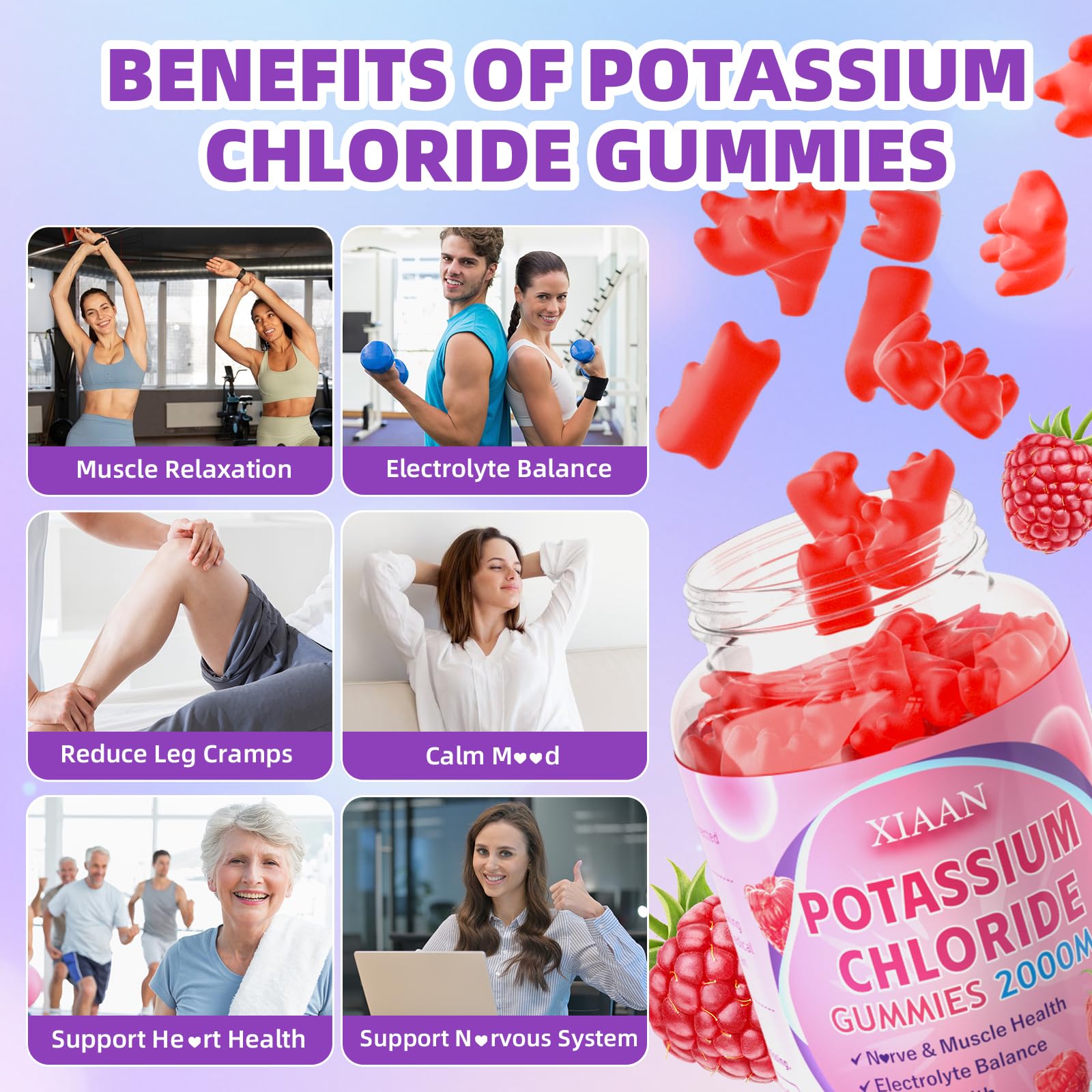 XIAAN potassium gummies ingredient panel highlights vegan sugar-free formula.