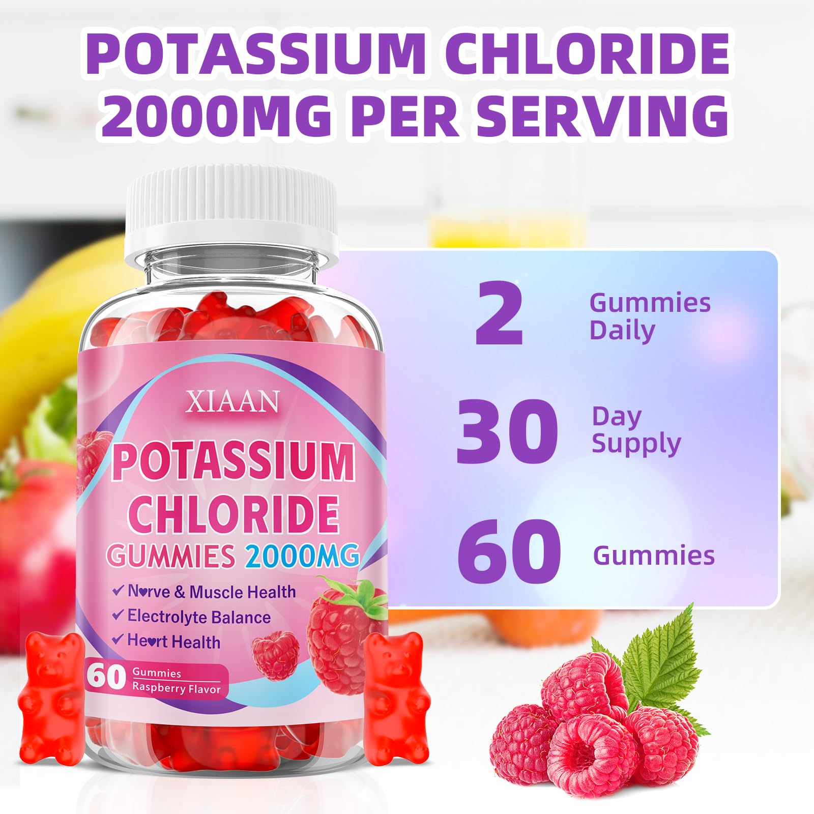 XIAAN potassium gummies nutrition facts panel emphasizes adult electrolyte support.