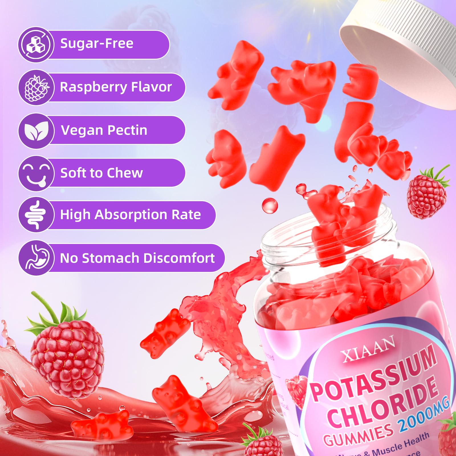 XIAAN potassium gummies raspberry close-up suggests tasty supplement option.
