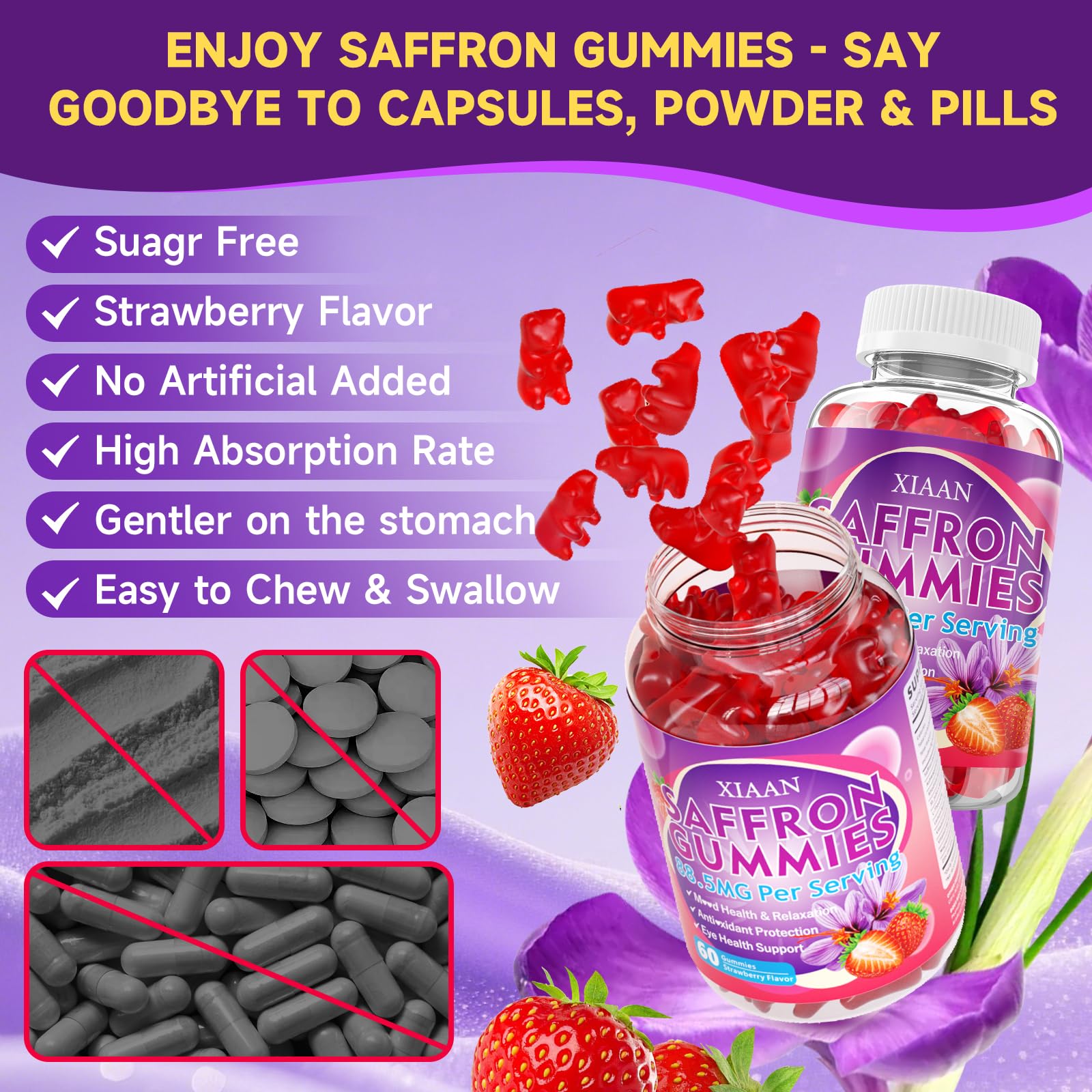 XIAAN sugar-free vegan saffron gummies showing no artificial additives