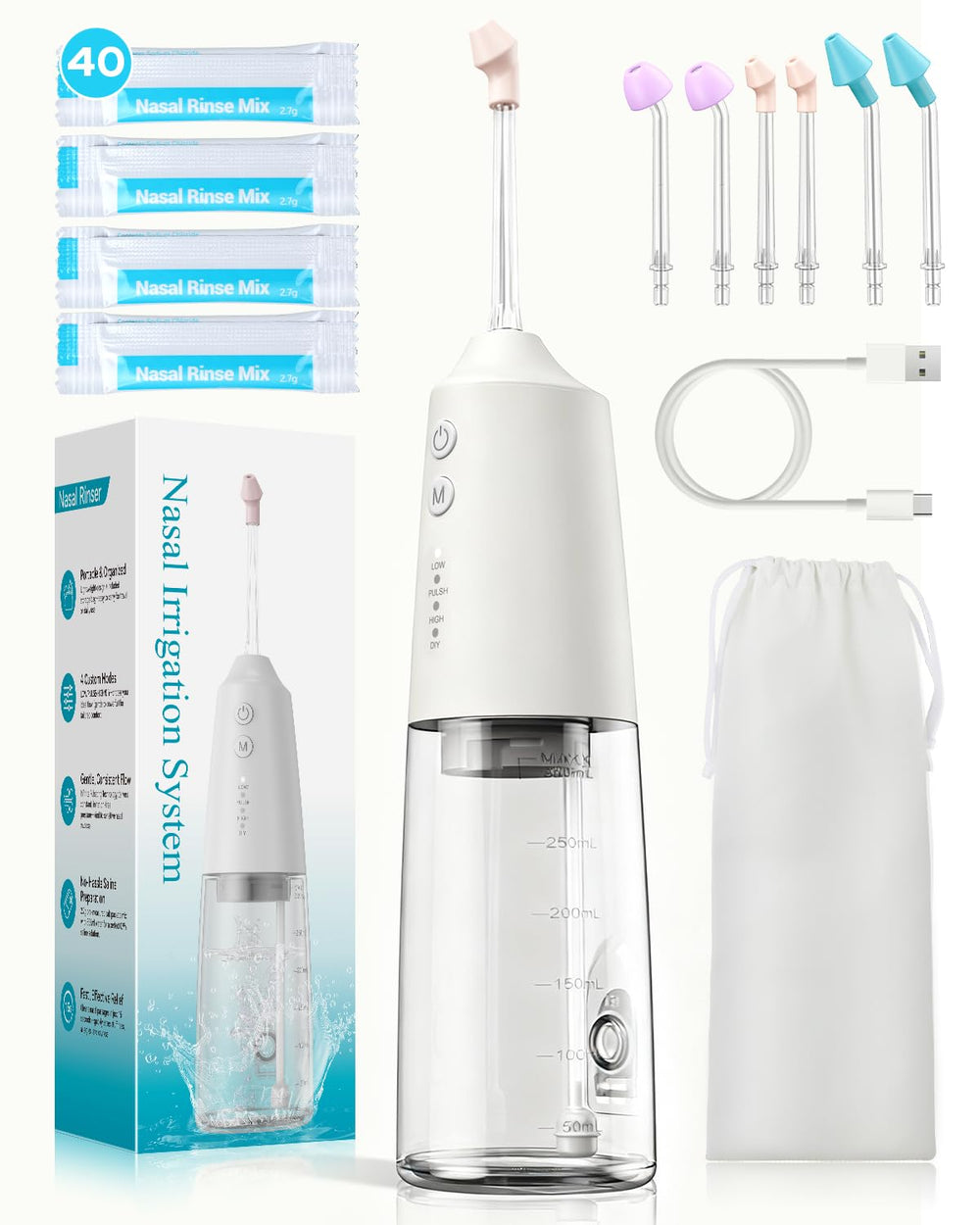 XIENORTINM nasal irrigation system front view with 300ml tank for easy nasal care