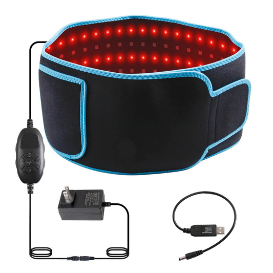 Xingruyu red light therapy belt front view with adjustable straps for waist comfort.