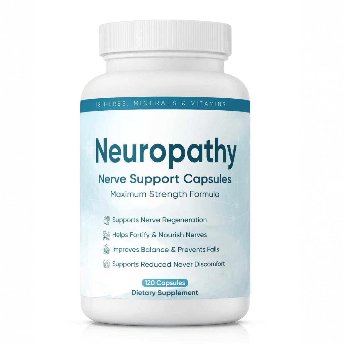 XIOEGSKE Neuropathy Supplement bottle front shows vegan formula for nerve comfort.