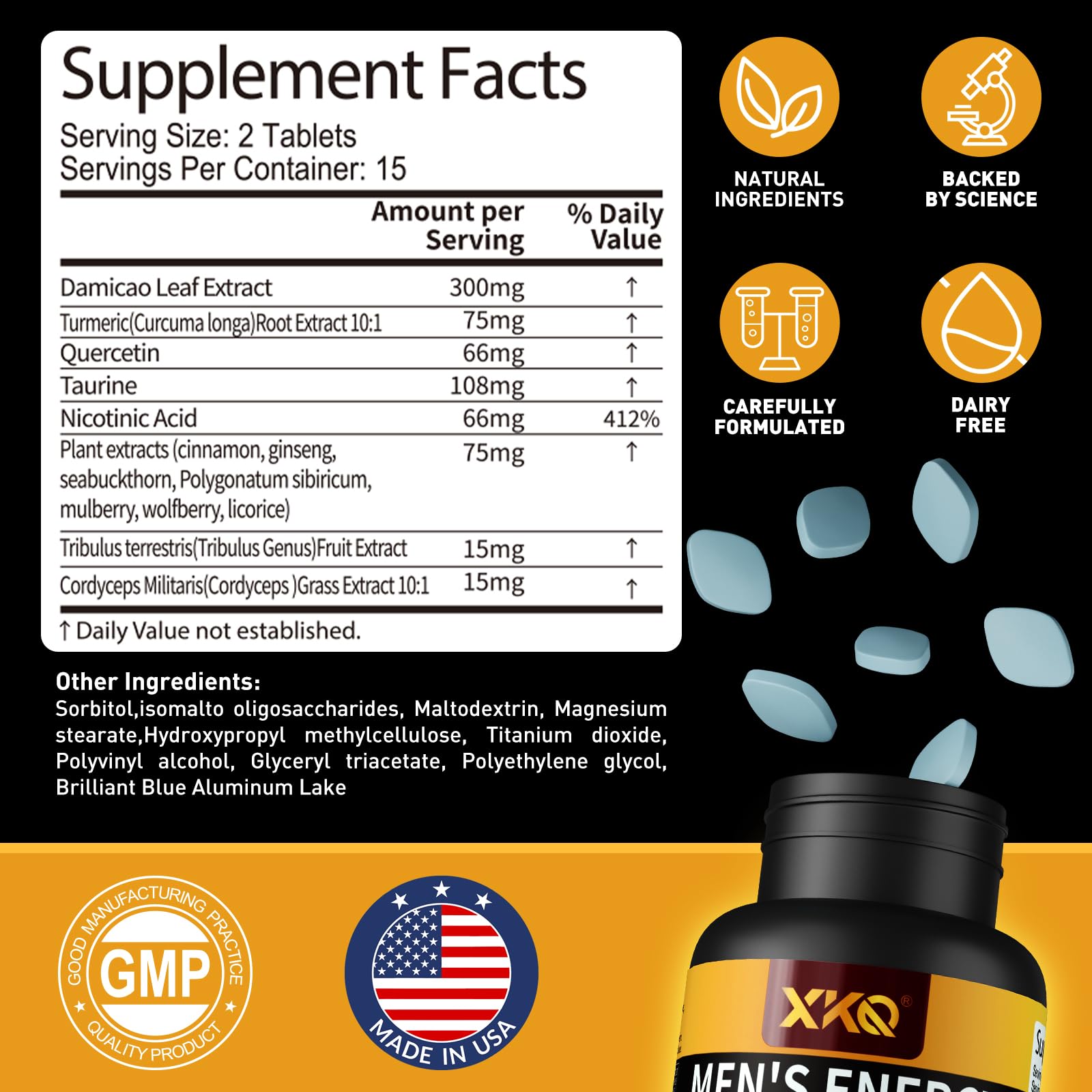 XKQ Men's Vitality bottle label close-up highlighting ingredients for stamina.