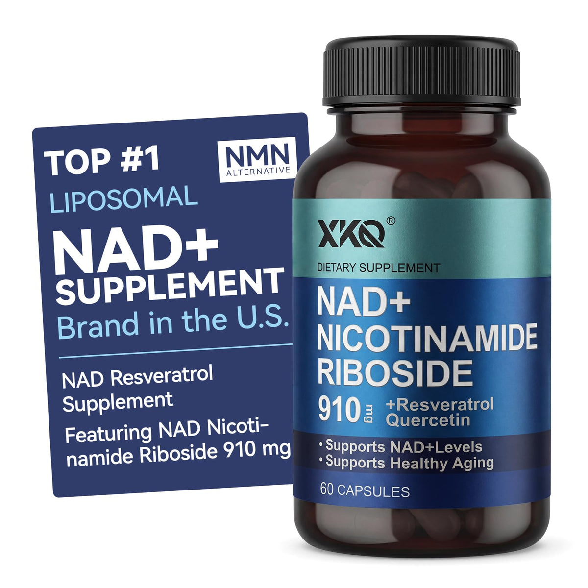 XKQ NAD+ liposomal bottle with resveratrol supports daily energy and wellness.