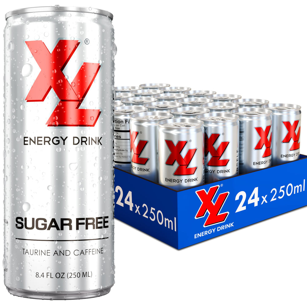XL Energy Drink Sugar Free 24-pack cans on display for daily energy.