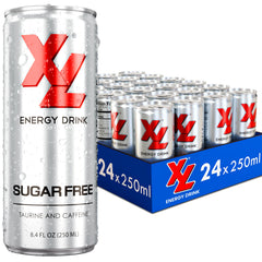 XL Energy Drink Sugar Free 24-pack cans on display for daily energy.