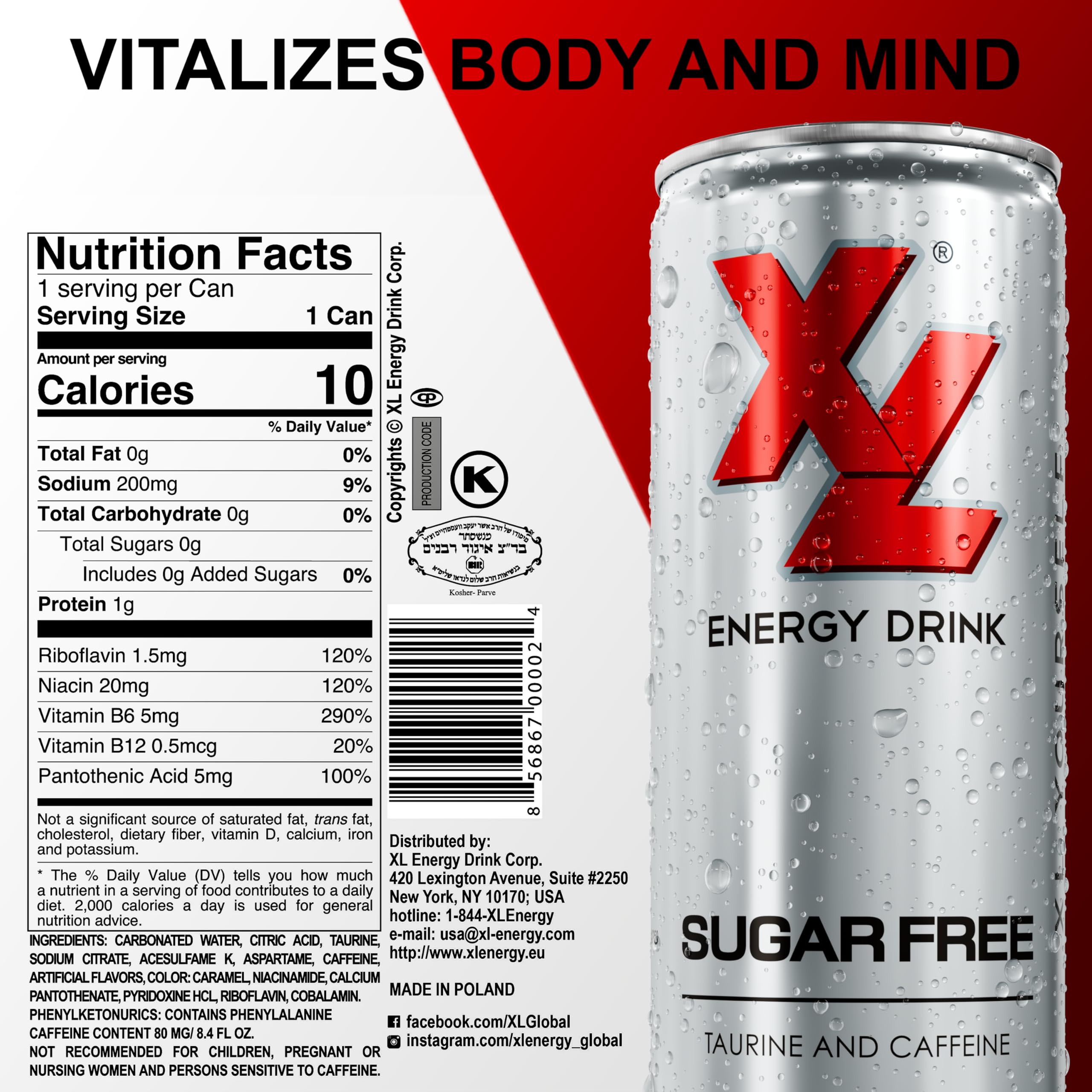 XL Energy Drink Sugar Free can highlights 80 mg caffeine for steady focus.