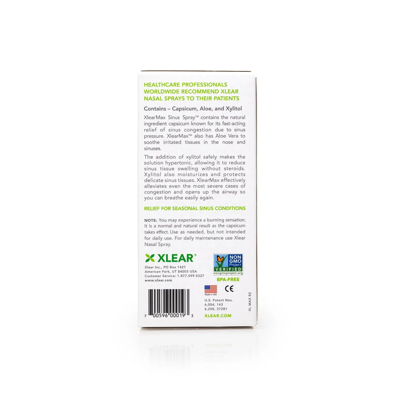Xlear MAX packaging box showing natural ingredients and non-GMO formula.