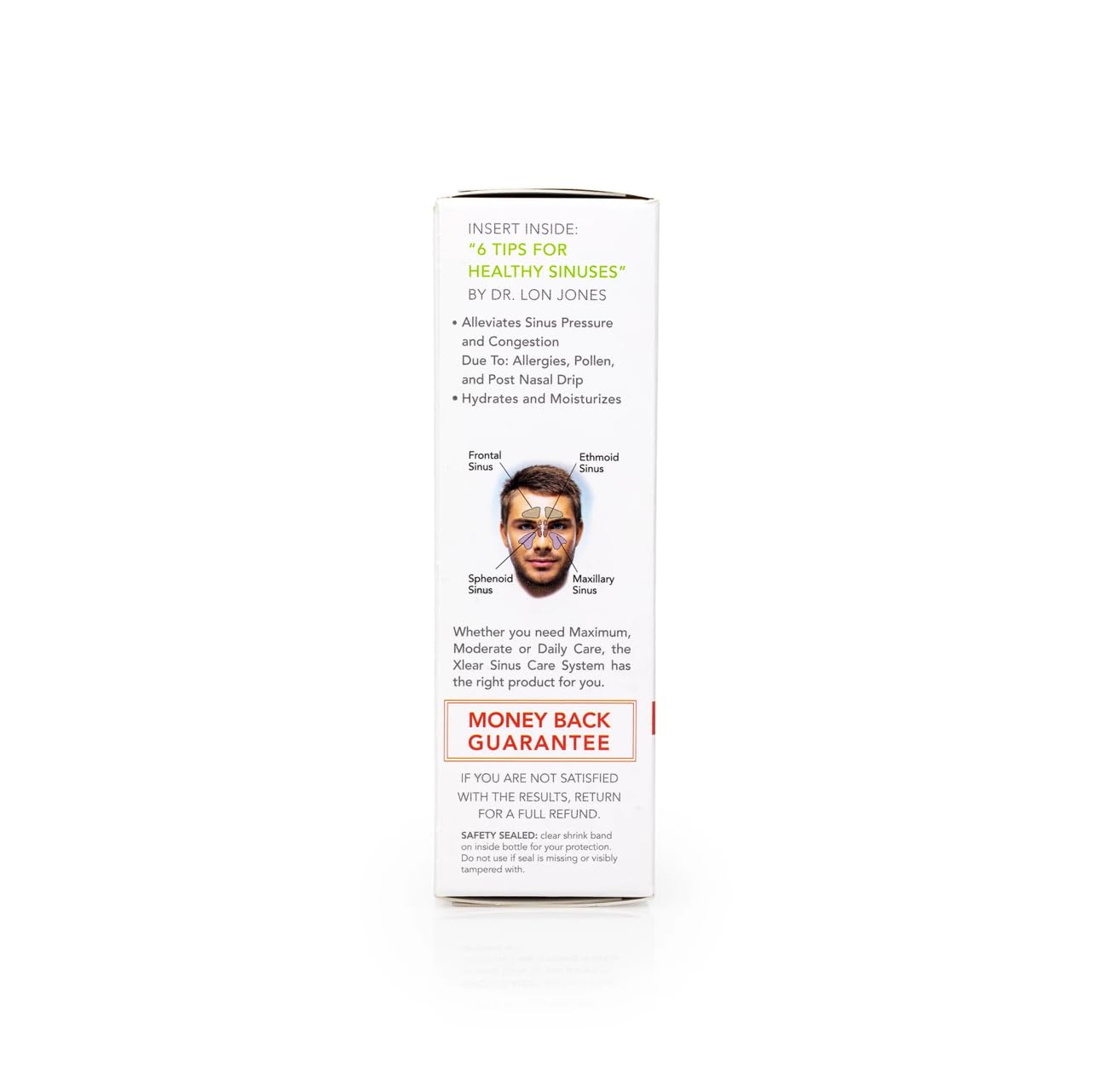 Xlear MAX usage step illustrating priming and 1–2 sprays per nostril.