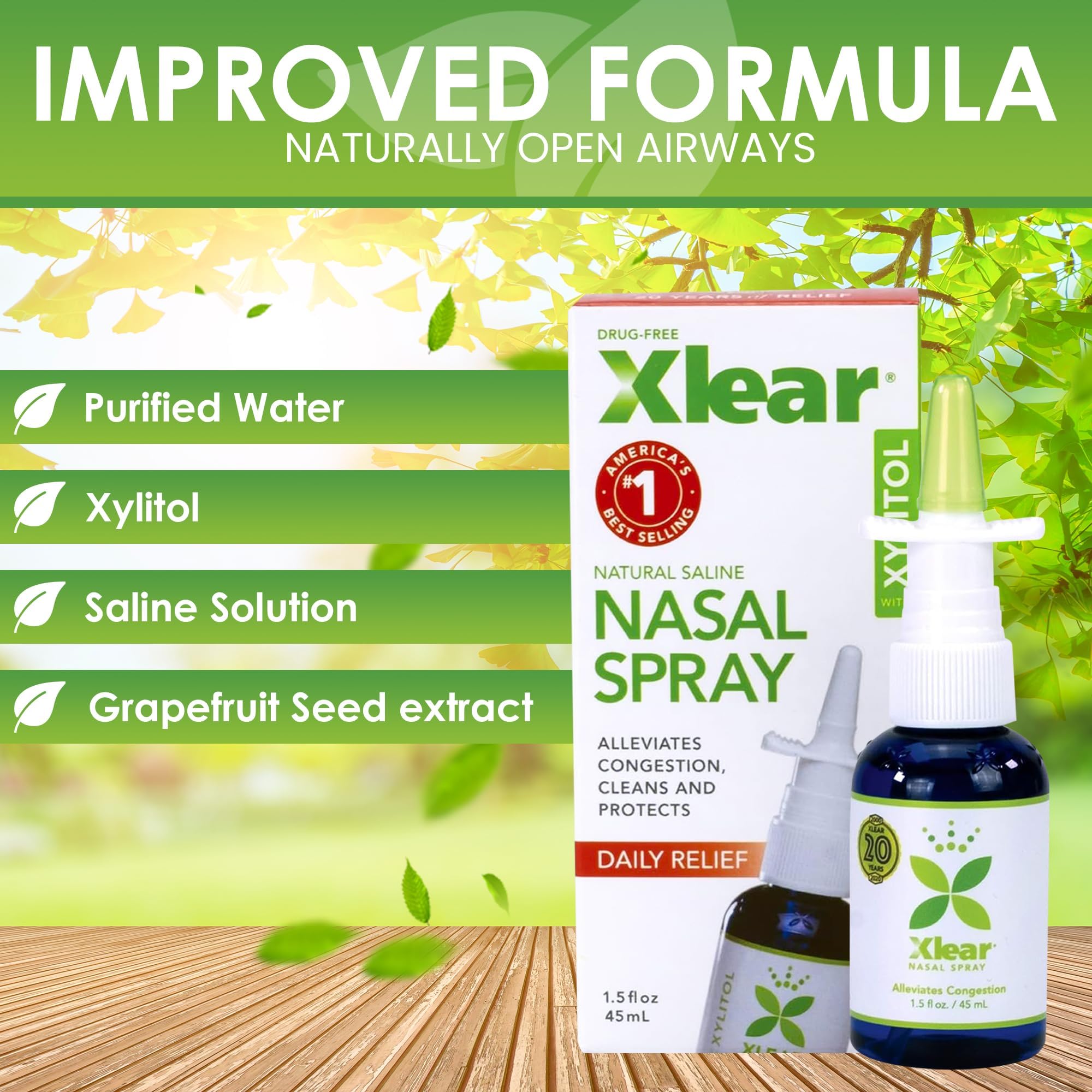 Xlear label close-up highlighting natural saline and xylitol formula.