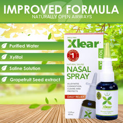 Xlear label close-up highlighting natural saline and xylitol formula.