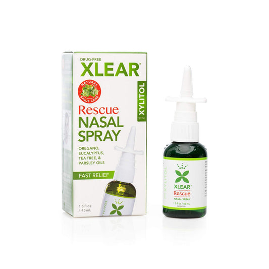 Xlear Rescue nasal spray bottle front for nasal support