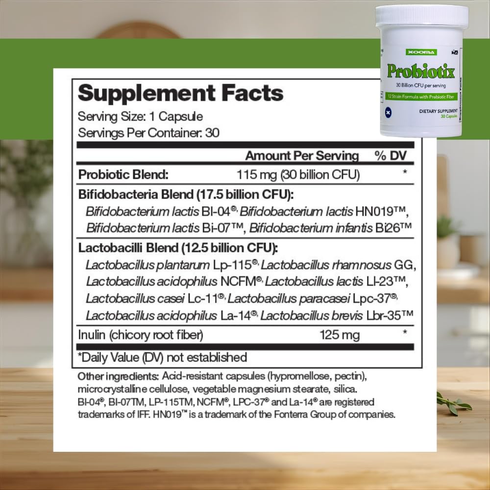 Closeup of Xooma Probiotix label highlighting 12 strains and CFU.