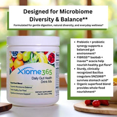 Xooma Xiome365 powder tin close-up highlights organic prebiotic fiber.