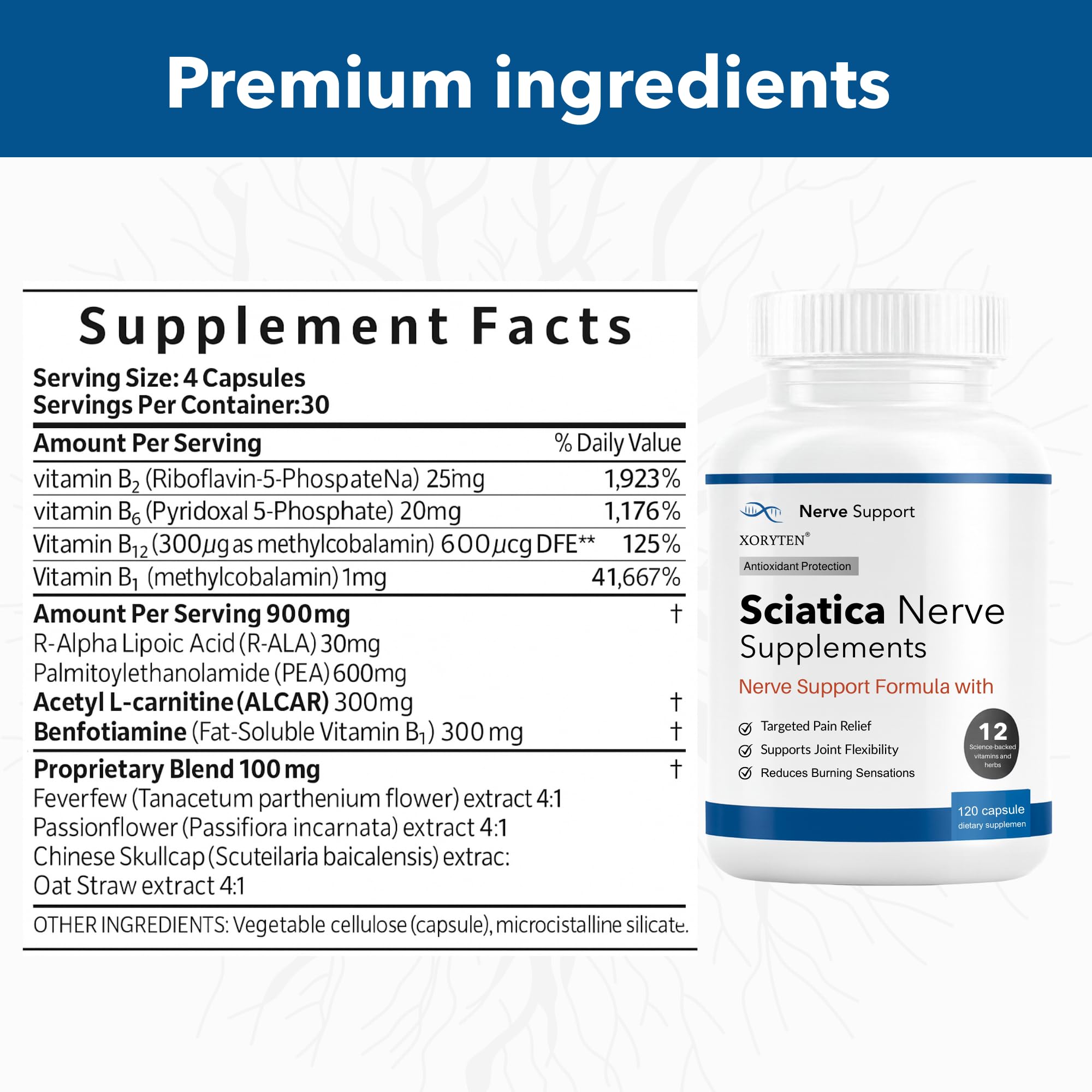 Close-up of XORYTEN label highlighting premium botanical blend